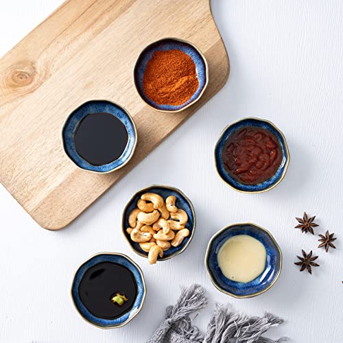 Hokeler 3.7 Inch Small Ceramic Dipping Bowls Pinch Dip Bowl Side Dishes For Soy Sauce Dessert Tomato, Set Of 6, Black & Blue #TOP4