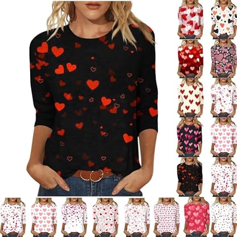 FAIOROI Valentine Shirts for Women Oversized Heart Print Crewneck Shirts Causal Dressy 3/4 Sleeve Tunic Top Loose Graphic Tee Womens 3/4 Sleeve Tops Plus Size Valentines Day Shirt Red 2X Cover