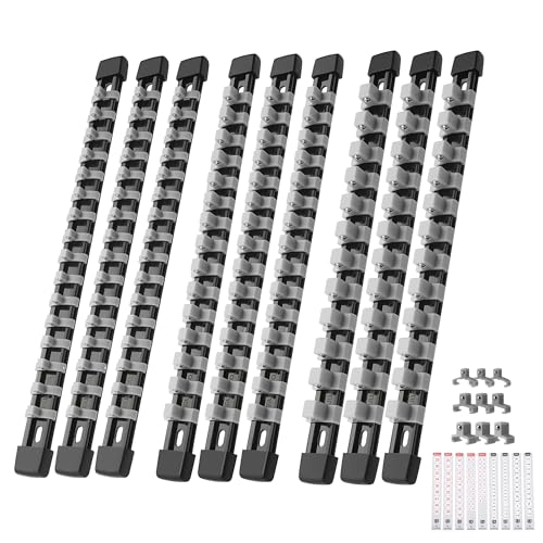 Image of Reniteco 9-Piece Socket Organizer Set - 1 /4-Inch x 48 Clips, 3 /8-Inch x 45 Clips, 1 /2-Inch x 36 Clips, Heavy Duty ABS Socket Holder, Premium Quality Socket Clip Rail Holder for Tool Box Drawer