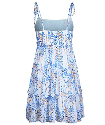Mansy Womens Floral Mini Dress Boho Flowy Skater Dresses Short Sleeveless Ruffle Spaghetti Strap Dress Blue - Image 5