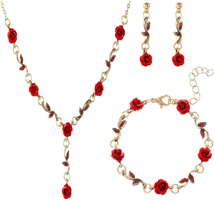 ONLYJUMP 3Pcs Red Rose Jewelry Set for Women Vintage French Flower Pendant Necklace Bracelet Dangle Earrings Alloy Enamel Accessory for Wedding Prom Valentine's Birthday Gifts