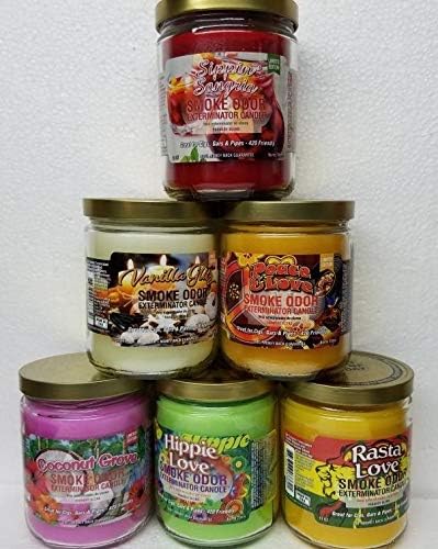 Smoke Odor Exterminator 13 oz Jar Candles Sippin' Sangria Assorted (6) Includes Sippin’ Sangria, Hippie Love, Vanilla Glitz, Peace & Love, Coconut Grove & Rasta Love.