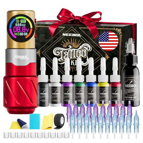 Neebol Iron Style Wireless Tattoo Gun Kit – Tattoo Kit with LED Digital Display, 1800mAh Battery,...