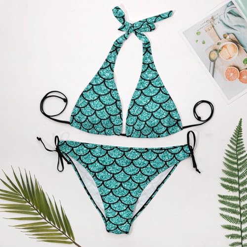 Fish Scale Green Pattern A Print Bikini Sets for Women, Two Piece Swimsuits for Women Bathing Suit Triangle Bikini2