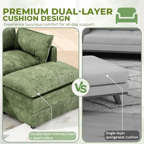 Image of LEVELEVE 147 inch U-Shape Modular Sofa with 2 Ottomans, Deep Seat Cloud Convertible Sleeper, 2 Arm Pillows, Comfortable Large Upholstered Furniture for Living Room Apartment, Green