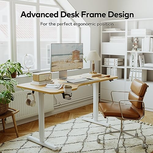 Image of FEZIBO Height Adjustable Electric Standing Desk, 63 x 24 Inches Stand up Table, Sit Stand Home Office Desk with Splice Board, LightRusticbrown