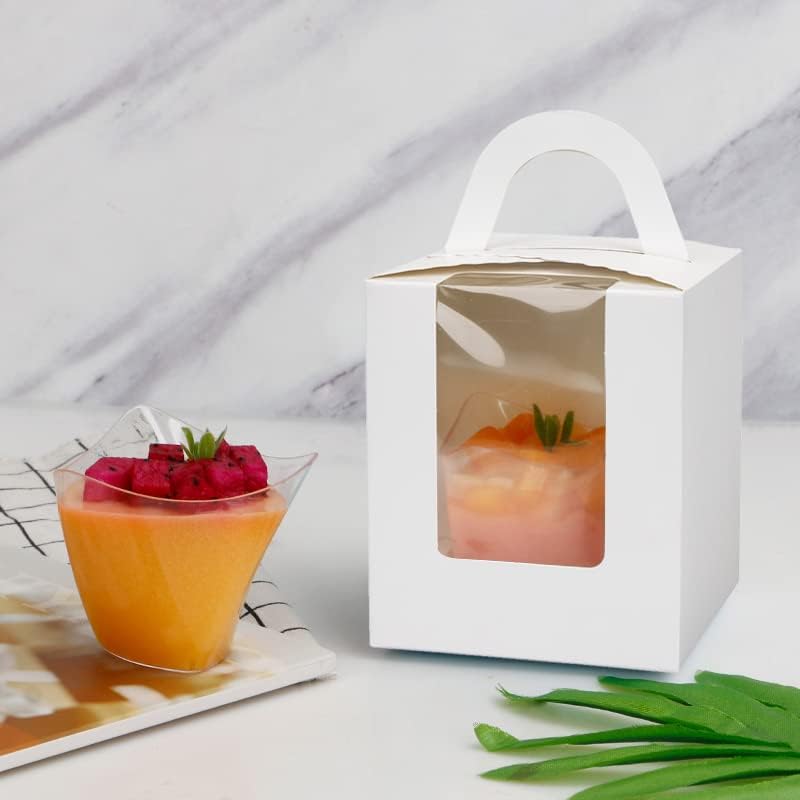 Jucoan 100 Pack White Single Cupcake Boxes, Kraft Paper Individual Cupcake Container with Window Insert Handle, Portable Bakery Containers for Small Cake, Muffins, Birthday Wedding Baby Shower Party
