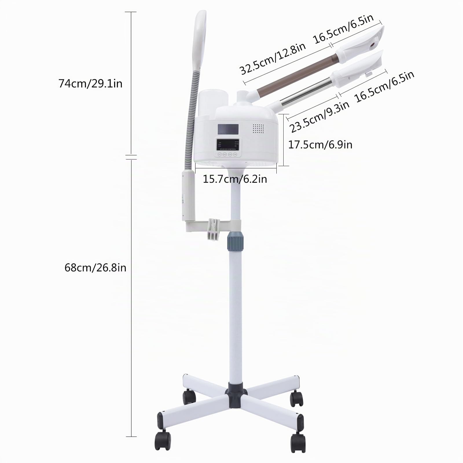Vapozone Estetica Professionale 3 in 1 Vapore Viso con Luce LED e Lente d'ingrandimento Altezza Regolabile Modalità Calda e Fredda Ugello Girevole 360°, Per Salone di Bellezza