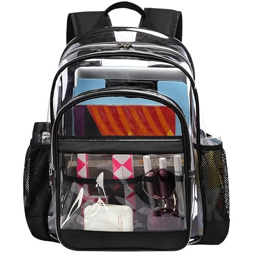 Clear Backpack,Heavy Duty Clear Bookbag See Through Backpack Large Clear Bag for School College Work Travel Security,Black