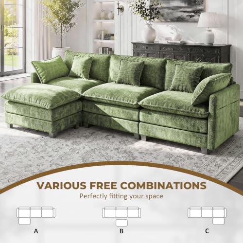 Image of LEVELEVE 112 inch L-Shape Modular Sofa with 1 Ottomans, Deep Seat Cloud Convertible Sleeper, 3 Throw 2 Arm Pillows, Comfortable Upholstered Furniture for Living Room Apartment, Green