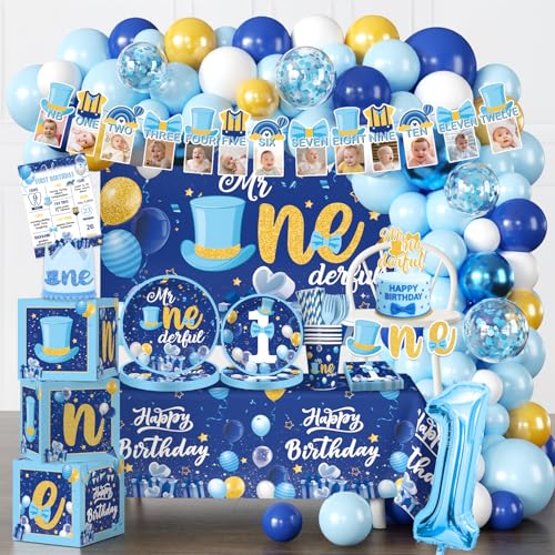 Fexivo 237pcs Mr Onederful Birthday Decorations Complete Party Set Onederful 1st Birthday Boy Decor Serves 20 Guests includes Photo Frame Banner Backdrop Balloon Arch Tableware Tablecloth