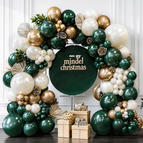 Image of Blocesa Emerald Green White Gold Balloon Arch Kit, Double Stuffed Dark Green Balloons Hunter Forest Green Chrome Gold Pearl White Sand Ivory Balloons for Wedding Birthday jungle Safari Party Decor