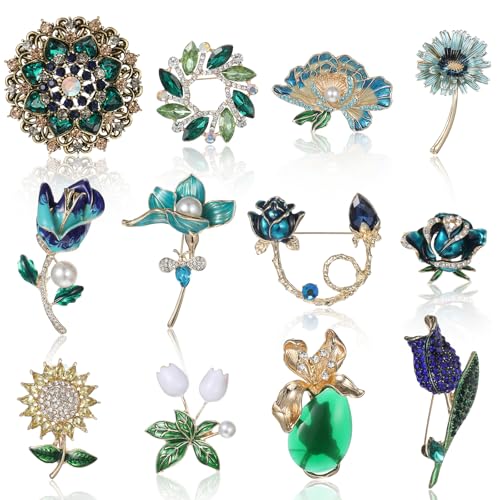 Meyeyaia 12pcs Women's Vintage Flower Brooches Set, Colorful Rhinestone Crystal