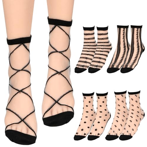Lusofie 5 Pairs Sheer Socks Black See Through Socks Checkered Dot Striped Plaid Ankle Summer Socks for Women Thin Fashion (Style B)