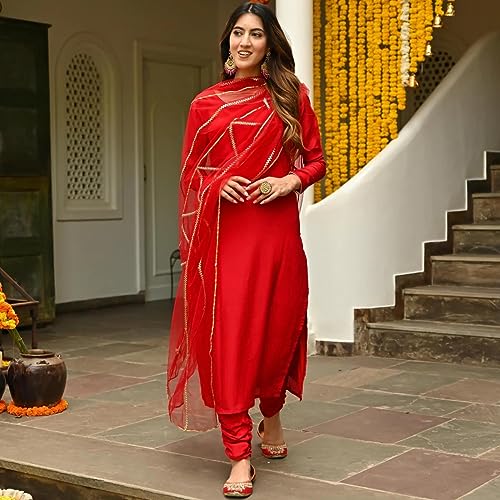 Image of GoSriKi Women's Cotton Blend Straight Solid Kurta with Pant & Dupatta