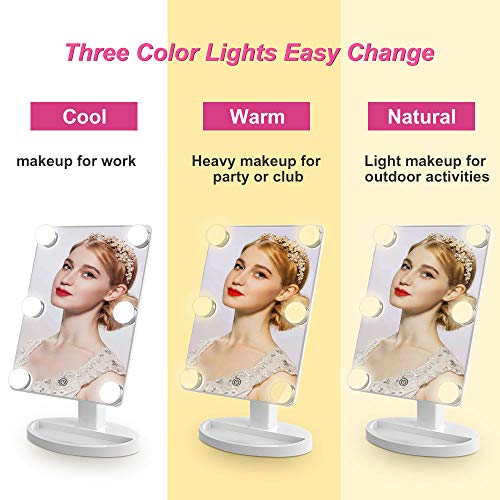 Hollywood Makeup Vanity Mirror with Lights Bedroom Lighted Standing Mirror with Dimmer, Screen Touch Control 360° Rotation Tabletop Cosmetic Mirror (White) - Thumbnail 7