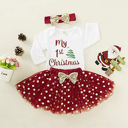 Baby Girl 1st Christmas Outfits Letter Print Romper+Polka Dot Tutu Dress+Headband 3PCS Clothes Set3