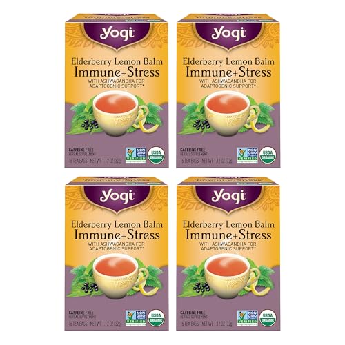 Yogi Tea Elderberry Lemon Stress & Immune Support Tea - 16 Tea Bags, 4 Packs - With Ashwagandha, Lemongrass, Licorice Root & More