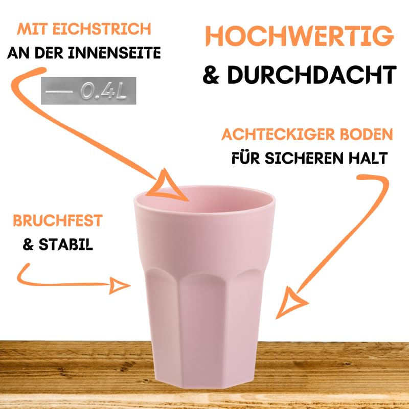 10 x Plastikbecher, Trinkbecher, Rosa, Pastellfarben, 400 ml, Eichstrich, bruchfest, stapelbar, Mehrweg, Kunststoff, wiederverwendbar, Party-Becher, Trink-Glas