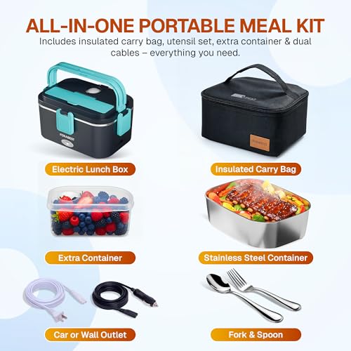 FORABEST Heated Lunch Box, 80W Electric Lunch Box for Adults, Portable Food Warmer with XL 1.8L Stainless Steel Container, Utensils, Carry Bag & Leakproof Lid, 12V/24V Car/Truck & 110/120V Home/Office
