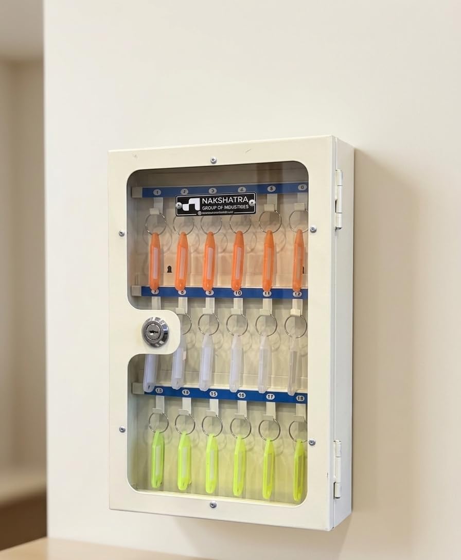 StayHappy Transparent Metal Key Storage Box | 18 Keys Cabinet with Holders and Lock | Ideal for Home | Hotels | Companies | Offices (White, Free 18 Keychains)-picture-12