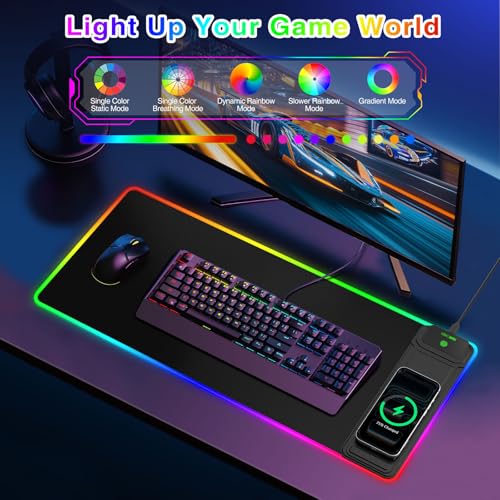 Image of XL RGB Gaming Mousepad, 25 Lighting Effects, 15W Fast Charging, Phone Stand | 31.5 inchx11.8 inch Extended Keyboard Mat Pad with Stitched Edges, Ultra-Smooth Waterproof Surface, Non-Slip Base