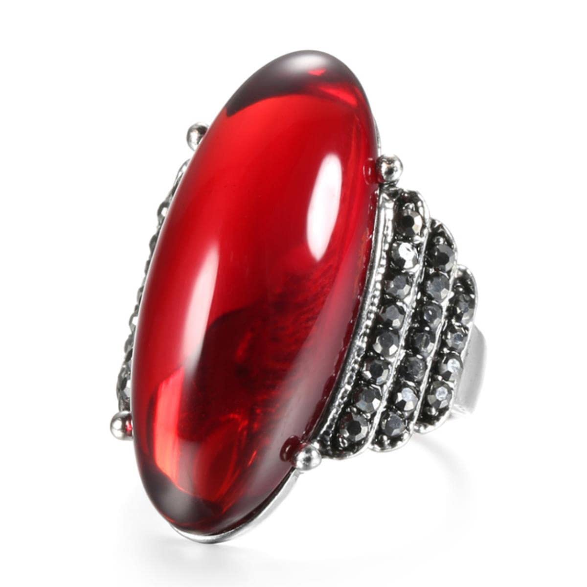 YAHOYA Fashion Big Oval Simulated Ambers Stone Ring For Women Silver Color Bright Black Crystal Ring Vintage Wedding Jewelry