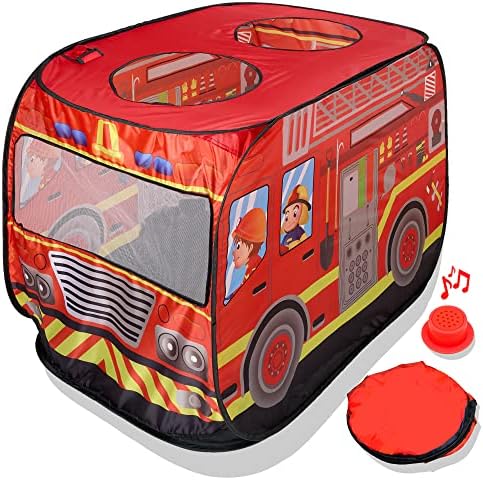 Playbees Musical Fire Truck Pop Up Play Tent with 3 Openings, Carry Bag, and Sound Button - Red Fire Engine Pretend Indoor and Outdoor Playhouse for Kids Fun Play, Gift, Prop - 43.5 x 28 x 26.5 Inch