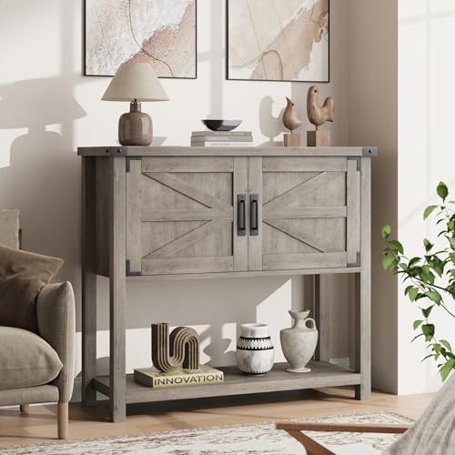Garvee Farmhouse Console Table With Storage, Wooden Sofa Table With Double Doors And Open Shelf, Rustic Entryway Table For Hallway, Living Room, Or Dining Room (Gray) - 9