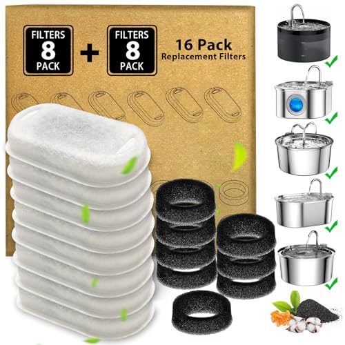 Cat Water Fountain Filter - 16 Pack Cat Fountain Filter for 3.2L/108oz & 2L/67oz Pet Water Fountain, Three-Layer Filtration Replacement Filters(8+8 Pack), Package Amount for 4 Months