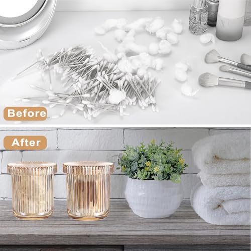 OGANAZI 2 Stück Glas Wattepads Box Wattestäbchen Behälter Set Bernstein Wattepadspender Rund Kosmetik Organizer Kleinteile Aufbewahrungsboxen für Beauty-Ei, Zahnseide, Tampon, Haarschmuck, Badesalz