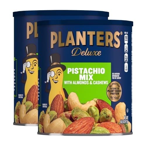 PLANTERS Deluxe Pistachio Mix, Party Snacks, Plant-Based Protein, 14.5 Oz Canister (Pack of 2)
