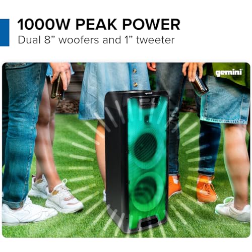 Gemini Bluetooth Speaker with LED Light Show, Dual 8" Woofers, Mic & Guitar Inputs, TWS Pairing, USB/FM/Bluetooth Playback, 16 Hr Battery, Remote Control – Perfect for Parties & Events (GLS-880) by Gemini Sound - Image 2