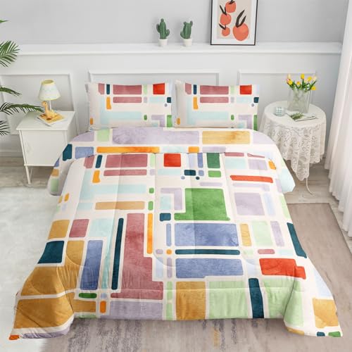 Image of Kids Comforter Set Five Colored Blocks Mosaic Printed Pattern Bedding Set with 1 Comforter and 2 Pillowcases for Girls Boys Bedroom All Season(Mosaic Queen)
