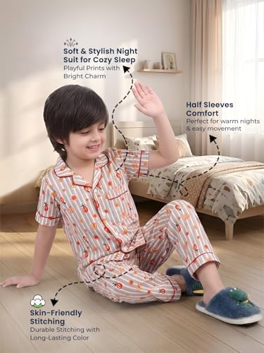 Image of POLKA TOTS 100% Pure Cotton Half Sleeve Night Suit for Kids, Girls & Boys | Cotton Pyjama Set | Unisex Night Dress for Children | Night Suit for Girls |Sleepwear for Kids | Winter Night Dress for Boys