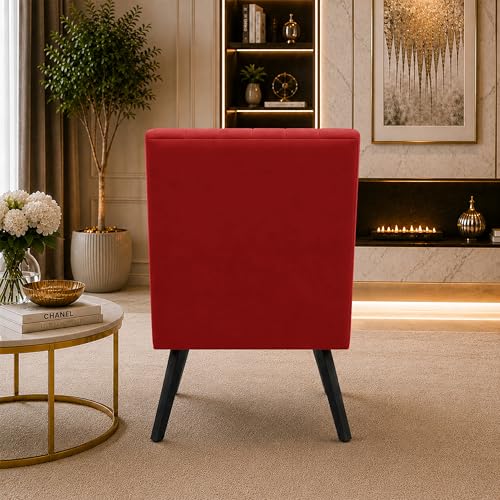 Image of Modern Velvet Accent Chair for Living Room | Upholstered Single Seater Chair with Metal Legs | Comfortable Seating for Bedroom, Office & Guest Room - Red