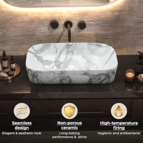 Image of Plantex Ceramic Tabletop Washbasin for Bathroom /Designer Counter Top Hand Wash Basin /Rectangle Bathroom Sink for Home /Office (21.5x14x5 Inch -Marble Finish)