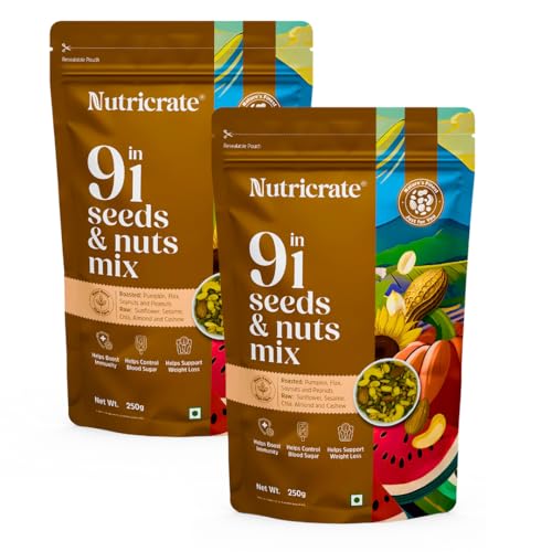 Image of Nutricrate 9 In 1 Dry Fruits & Seeds Mix - 250g - Chia, Pumpkin, Sunflower, Flax, Sesame, Peanuts, Almond, Cashew & Soy - Roasted Protein & Fibre Rich Seeds for Eating & Weight Loss (250g, Pack of 2)
