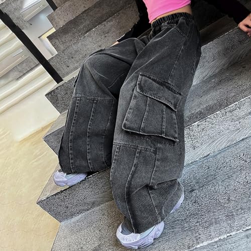 Teens Girls Cargo Denim Jeans Little Girl Baggy Y2k Wide Leg Long Pants Pockets Kids Vintage Grunge Hip Hop Punk Streetwear4