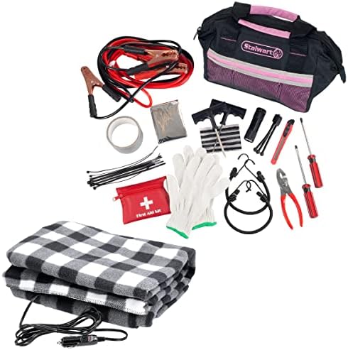 55-Piece Car Emergency Kit with Carrying Case, Jumper Cables, Tools, and More – Comes with 12V Heated Blanket for Truck, SUV, or RV by Stalwart