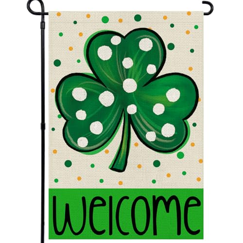 QUQULE St Patricks Day Garden Flag 12x18 Inch Shamrock Double Sided Yard Flag for Outdoor Decoration