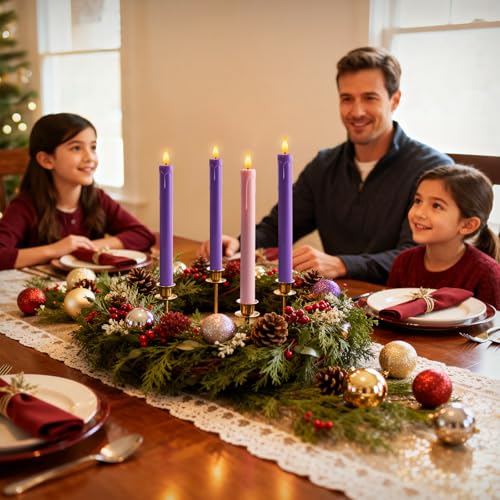 Image of Homemory Flameless Advent Candles, Set of 4, Battery-Operated Flickering LED Candlesticks, Flameless Taper Candles with Remote Timer - 3 Purple, 1 Pink for Christmas Wreath