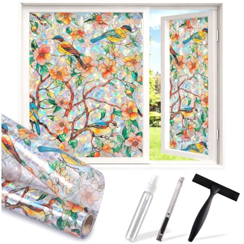 Image of SUNBABY Stained Glass Window Privacy Film, Rainbow Floral Bird, 23.6 inchx78.7 inch | Static Cling Decorative, No Glue, Renter-Friendly, Day and Night Privacy, UV Blocking, for Bathroom, Glass Door, with 3 Tools