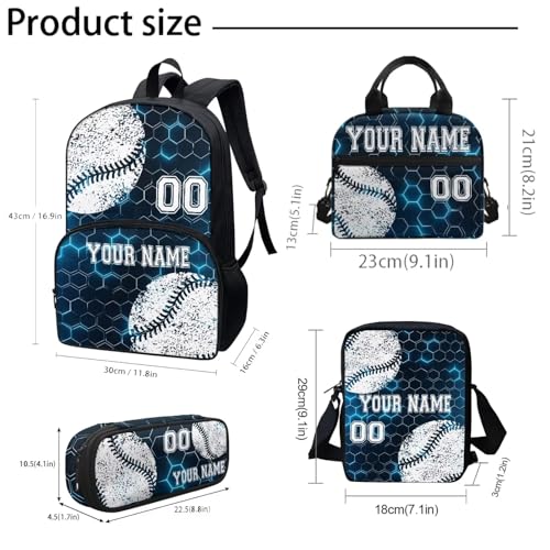 4Pcs Baseball Sport Personalized Customized Name Kids Backpack For Girls, Blue Hexagon Pattern Student School Backpack With Lunch Bag Pen Bag Set3