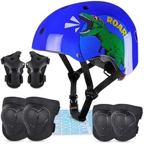 FIODAY Kids Helmet Adjustable Protective Gear Set Dinosaur Toddler Helmet Knee Elbow Wrist Pads with Sticker for Boys Girls Cycling Skating Scooter Skateboard, 3-5-8 Years Cover