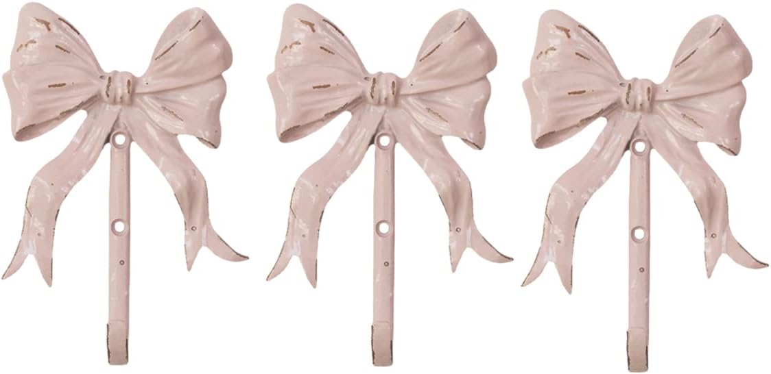Shabby Chic Large Wall Mounted Bow Coat Hook,Decorative Pink Wall Hook for Scarf, Bag, Towel, Hat etc for Living Room Kitchen Bathroom Office Pack of 3