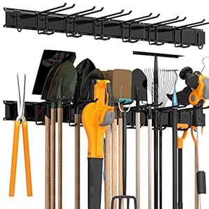 Storaboks Heavy Duty Garage Storage Rack System, Wall Mounted Tool Organizer with 8 Double Hooks, 3 Rails, Garden Yard Tools Hanger for Ski Gears, Broom, Rake, Shovel