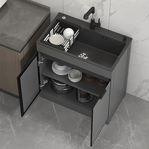 Évier autoportant en acier inoxydable avec meuble de toilette intégré, lavabo compact de salle de bain avec double portes et poignée cachée (55 cm) – Idéal pour les petits espaces