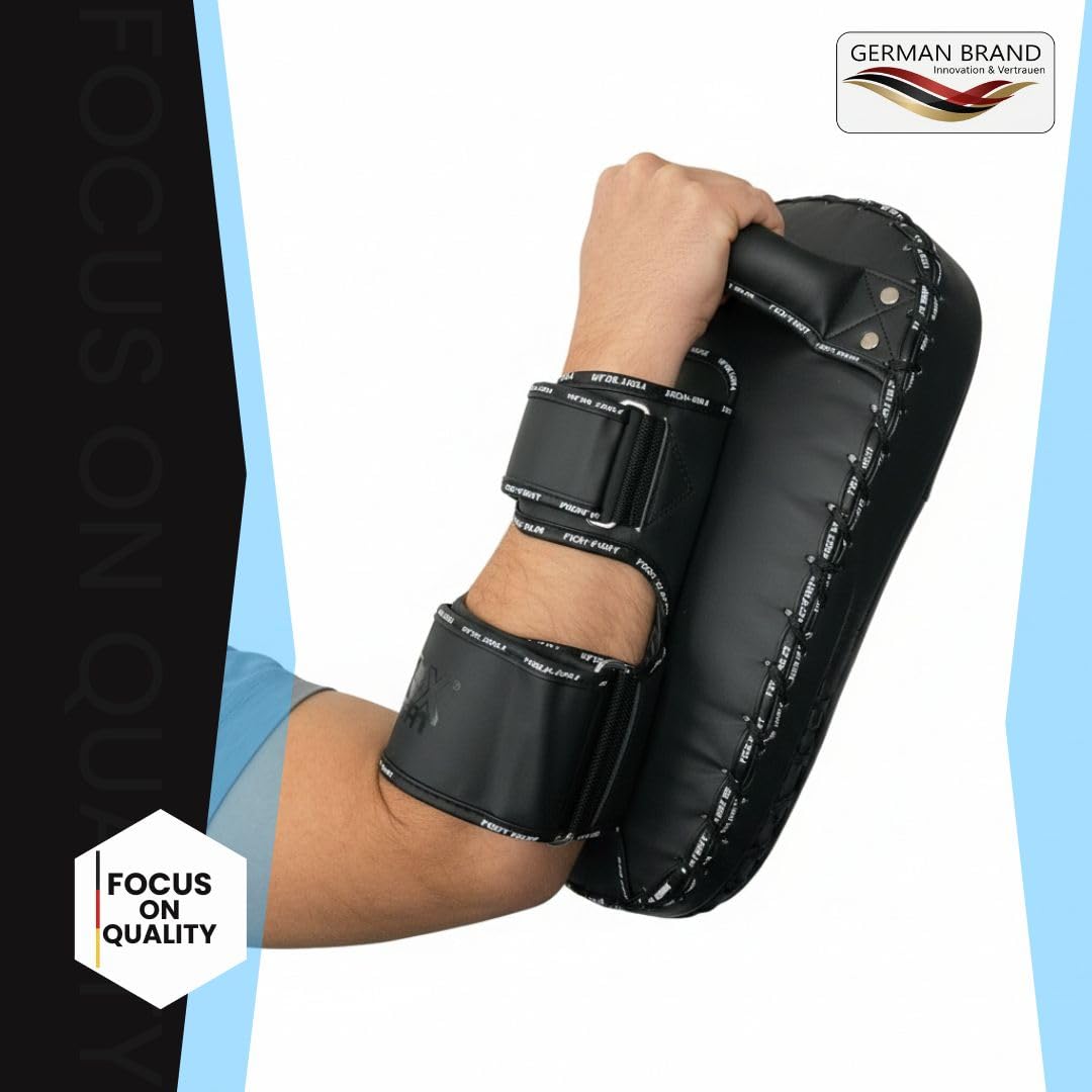 2X FOX-FIGHT Storm Schlagpolster/Schlagschild – Profi Arm Shield aus PU-Leder für Boxen, Kickboxen & Thaiboxen – Vorgekrümmt, Stoßdämpfend – Mit Arm-Pad, Griff & 2 Klettverschlüssen
