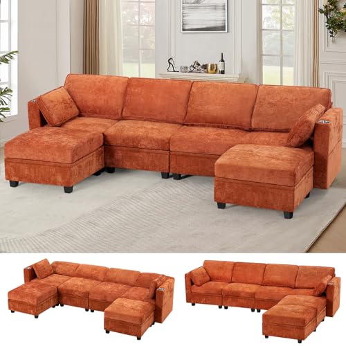 ACMEASE 110' Chenille 4 Seats Sofa w/2 Movable Storage Ottomans, Sectional Couch w/Adjustable Backrests, Comfortable Fabric Sofa w/USB&Type-C Ports, Cup Holders for Living Room, Orange